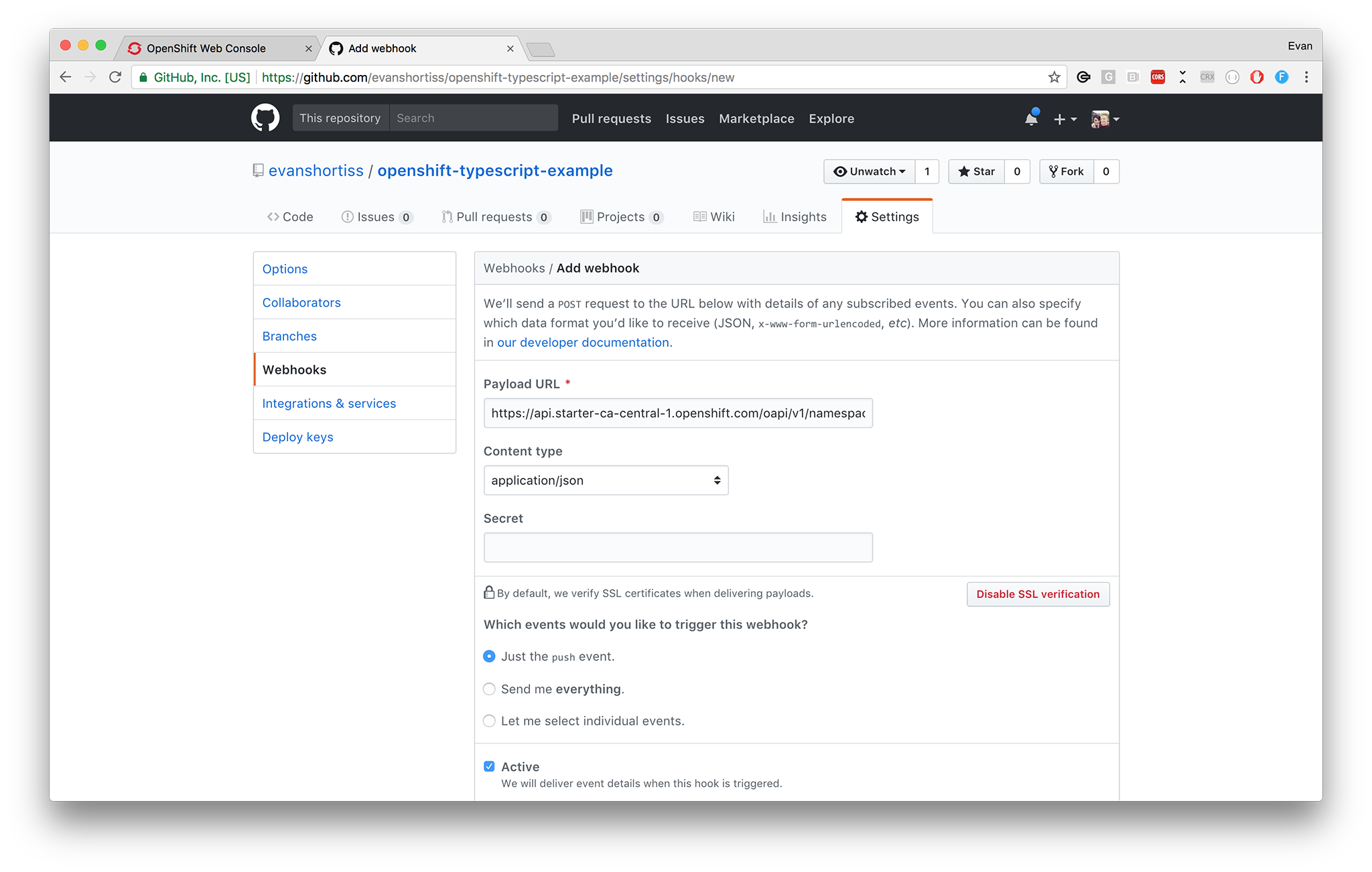 Adding a Webhook in GitHub