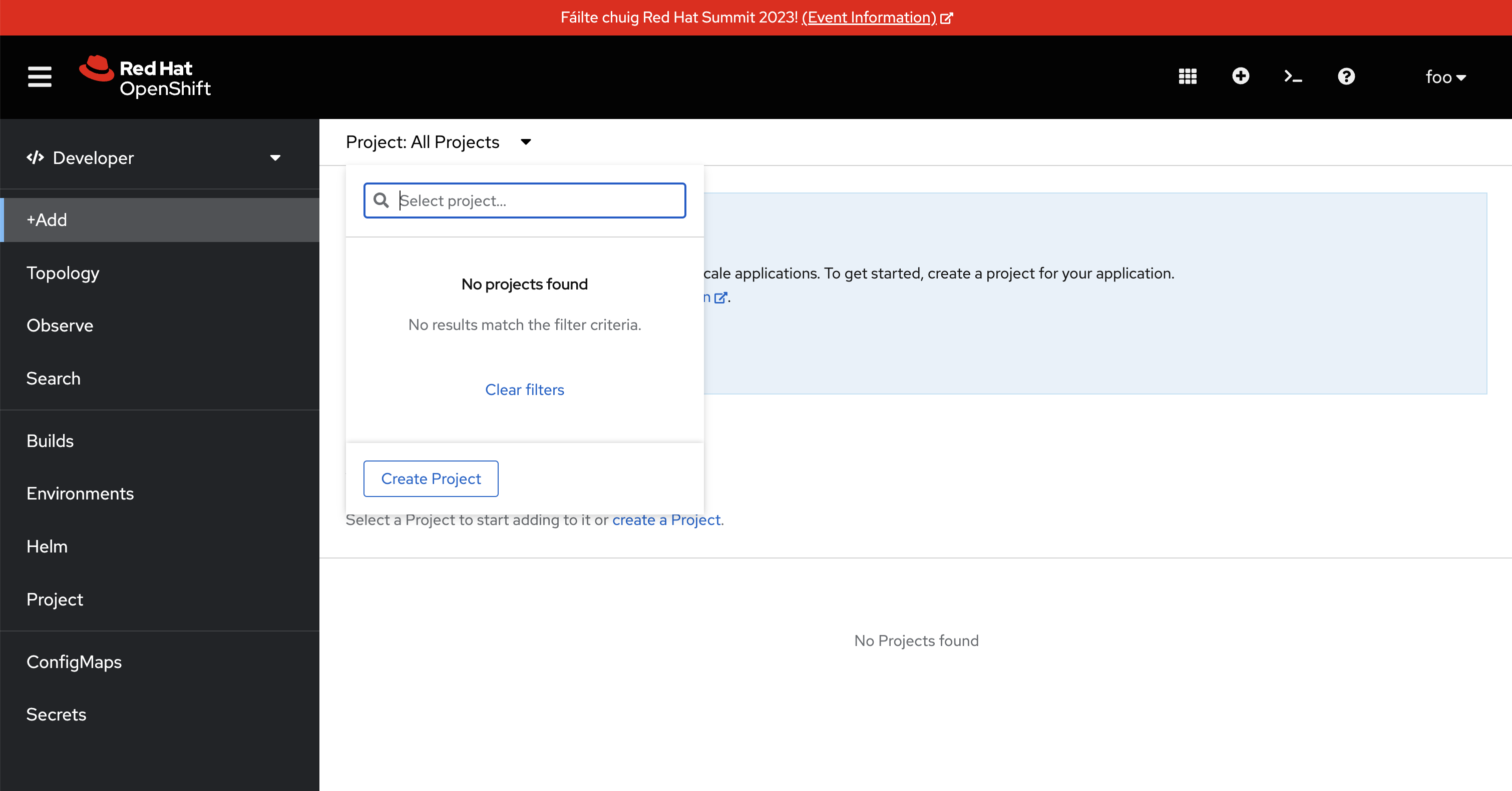 ex4.openshift ui foo no projects